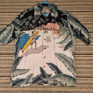 TORI RICHARD‎ Green Black Beach Theme Rayon USA #006 Sz XL Mens Hawaiian Shirt